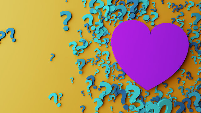 Purple Heart Surrounded by Blue Question Marks on Yellow Background Representing Love and Uncertainty
