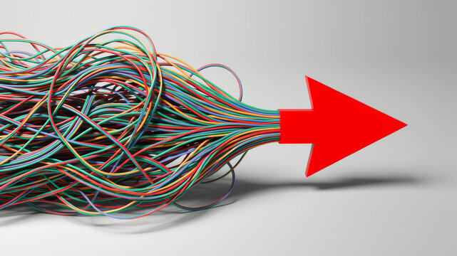 Tangled colored wires converge into a bold red arrow pointing right creating a vivid concept for simplifying complexity strategic focus progress and clear direction