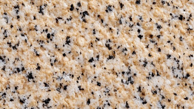 Close-up texture of speckled beige and black granite slab, natural stone surface