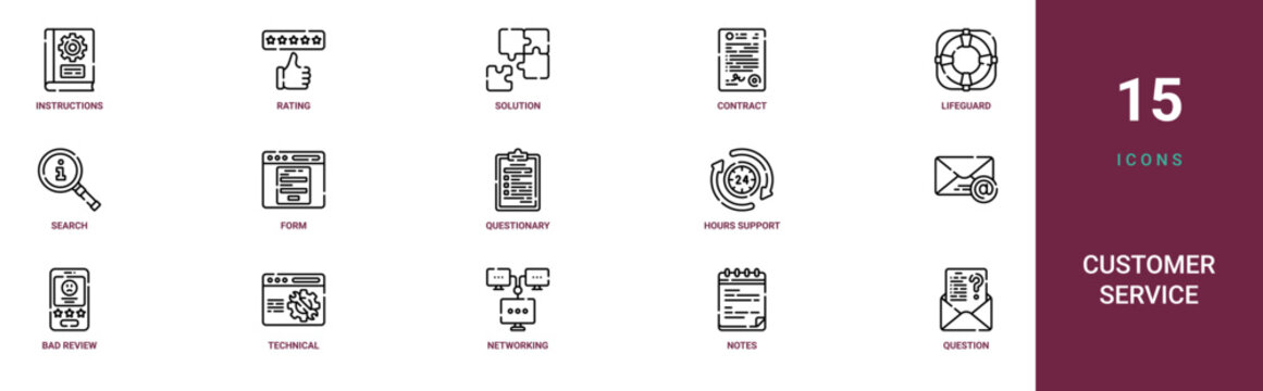 Set of 15 outline web Customer Service icons such as question, notes, networking, technical Support, bad review, at, hours support vector icons for report, presentation, diagram, web design, mobile