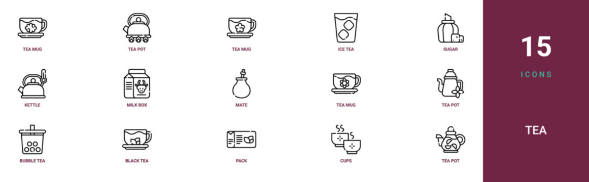 Set of 15 outline web Tea icons such as tea pot, cups, pack, black tea, bubble tea, pot, mug vector icons for report, presentation, diagram, web design, mobile app