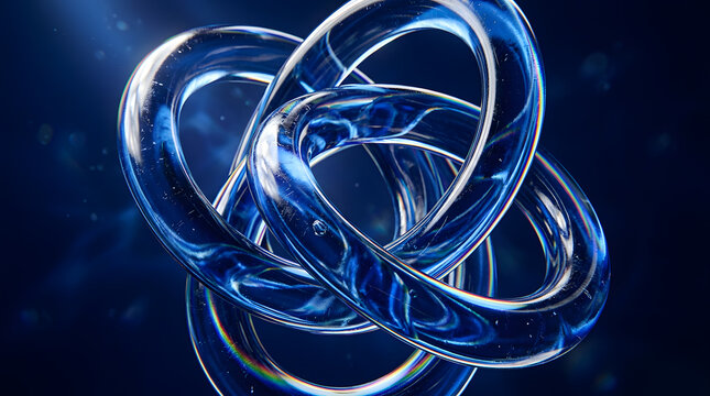 abstract blue glass rings background | cobalt toroid interlocking shapes | crystal glass refraction macro art | modern 3d geometric sculpture