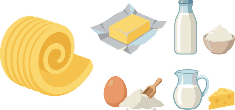 Fresh dairy product vector illustration set featuring butter roll stick bottle milk pitcher cheese wedge egg flour sour cream bowl isolated on white background.