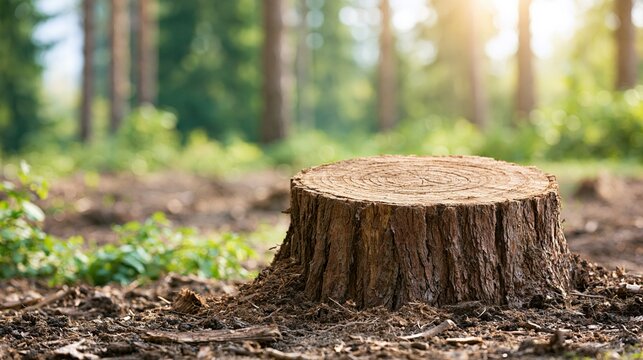 Close-up of a rough wooden tree stump in a sunny forest clearing, symbolizing nature and deforestation