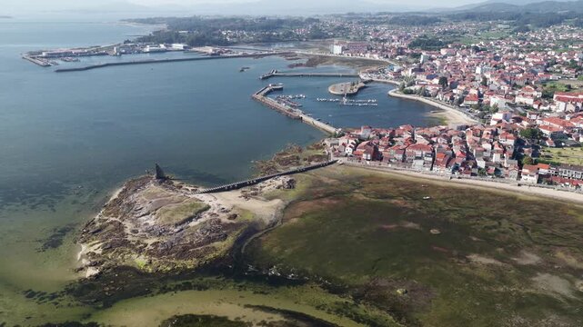 Aerial View of Cambados Coastline, the San Sadurni&ntilde;o Tower Ruins, and the R&iacute;a de Arousa Estuary, Galicia, Spain