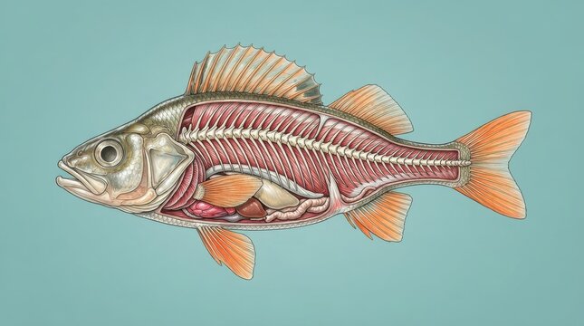 Anatomical illustration of the internal organs and skeleton of a fish