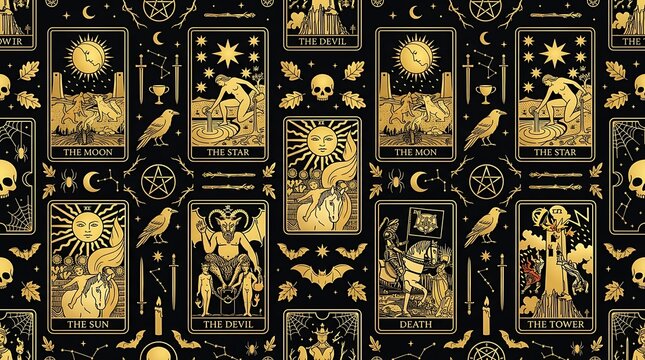 Gold and black tarot card seamless pattern with occult symbols