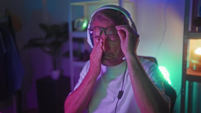 Man wearing headset adjusts glasses and rubs eyes while seated at pc with neon lights and shelving in studio; frustration focus.