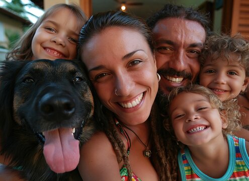 Happy Multi-Generational Family and Beloved Dog Enjoying a Sunny Outdoor Moment Together