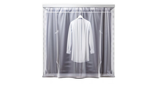 White shirt hanging in clear protective storage bag isolated on transparent background with displays white garment hanging inside transparent protective bag against clean backdrop