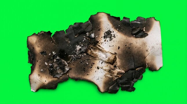 Piece of burnt paper with charred edges isolated on green screen background for video compositing