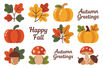 Autumn greeting card featuring pumpkins, mushrooms, acorns, and fall leaves with text saying autumn greetings and happy fall on white background © BlackVault Designs