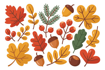 Fototapeta premium Seasonal autumn set featuring various colorful fall leaves, acorns, pine branches, and berries arranged in a flat style on white background