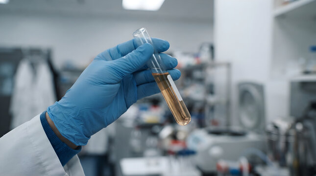 Hand in Lab Glove Holding Test Tube in Laboratory Indoor