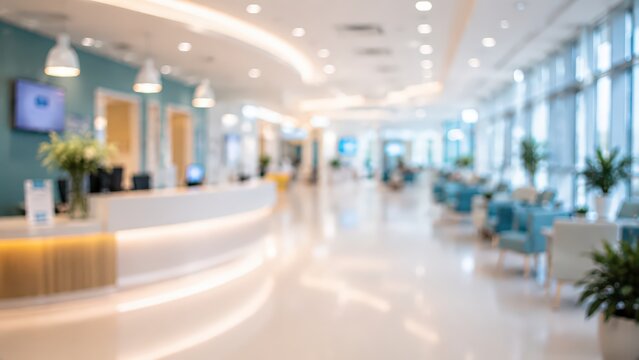 Blurred modern clinic reception lobby medical office hospital waiting room interior background bright clean healthcare center