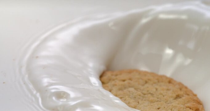 Chip cookie splashing into milk in super slow motion 1000 fps