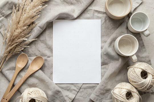 Minimalist Scandinavian Flat Lay of Linen Fabric, Pampas Grass, Ceramics, and Natural Elements