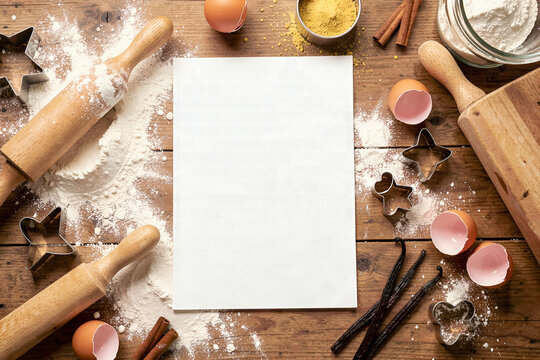 Rustic Baking Ingredients Flat Lay with Flour and Recipe Paper