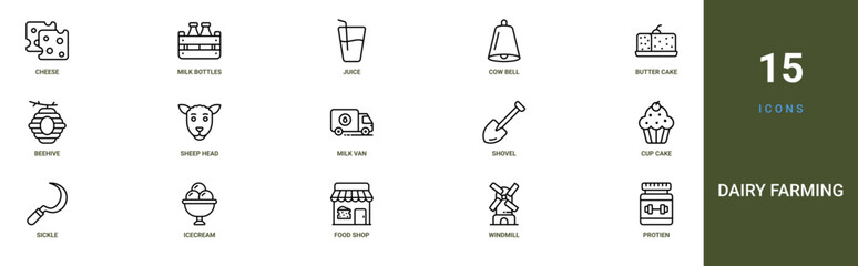 Set of 15 outline web Dairy Farming icons such as protien, windmill, food shop, icecream, Sickle, cup cake, shovel vector icons for report, presentation, diagram, web design, mobile app © Leon