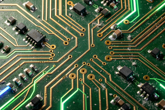 Hyper Detailed Macro Shot of Futuristic Circuit Board with Glowing Data Flow Lines