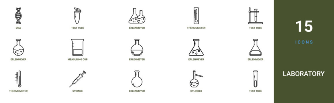 Set of 15 outline web Laboratory icons such as test tube, cylinder, erlenmeyer flask, syringe, thermometer, erlenmeyer flask, erlenmeyer flask vector icons for report, presentation, diagram, web