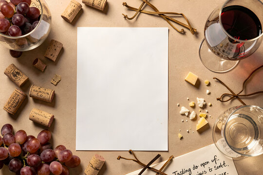 Rustic Wine Tasting Flat Lay with Grapes, Cheese, and Corks