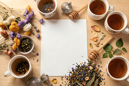 Rustic Flat Lay of Herbal Tea, Dried Flowers, and Natural Wellness Ingredients