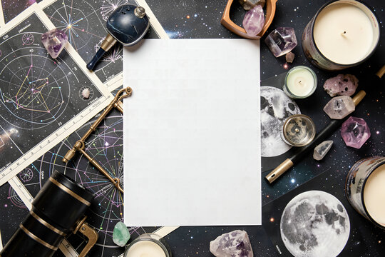 Cosmic Astrology Flat Lay with Crystals, Telescope, and Moon Phases