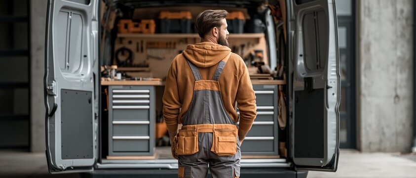 Confident tradesman in work overalls surveys a fully equipped mobile workshop van. Ideal for trades, small business, skilled labor, and self employed contractor campaigns.