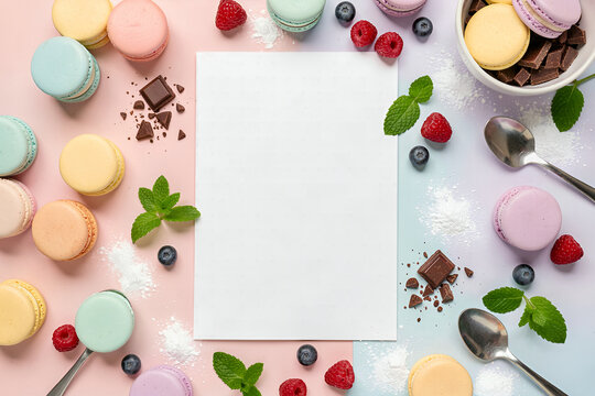Pastel Dessert Flat Lay with Macarons, Berries, Chocolate, and Powdered Sugar