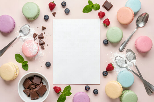 Pastel Flat Lay of Macarons, Chocolate, Berries, and Baking Ingredients