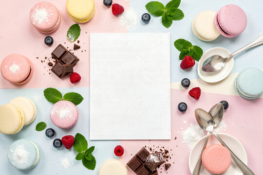 Sweet Dessert Flat Lay with Macarons, Berries, and Recipe Card