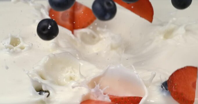 Strawberry slices and blueberries falling into milk in slow motion