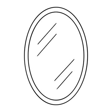 Elegant oval wall mirror vector icon with minimalist hand-drawn outline, featuring sleek diagonal reflection lines. Clean line art illustration perfect for interior design, bathroom decor, and home