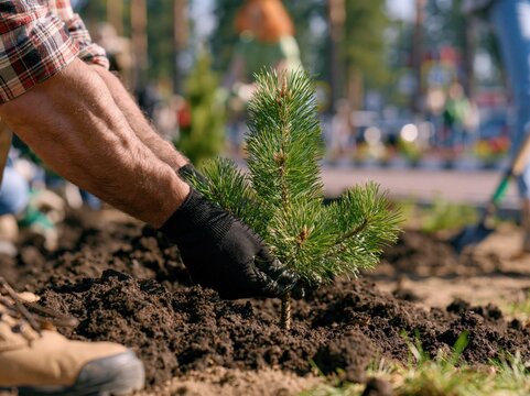 Gardener's hands wearing gloves plant a young pine tree seedling in dark soil, fostering growth outdoors.
