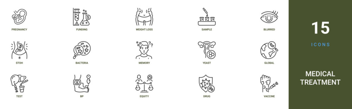 Set of 15 outline web Medical Treatment icons such as vaccine, drug, equity, bp, test, global, yeast infection vector icons for report, presentation, diagram, web design, mobile app