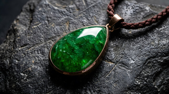 Imperial green jadeite teardrop pendant | Handcrafted jade gemstone necklace on basalt rock | Natural jadeite stone pendant with braided cord