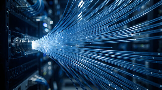 Fiber Optic Cables in Data Center Server Rack Close-up Cable