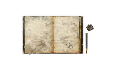Fototapeta premium Vintage open journal with antique writing quill and monocle on transparent background with displays open antique journal featuring aged grid paper curled corner accompanied classic writing
