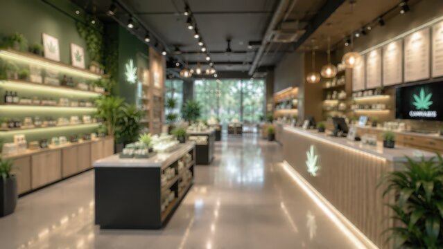 cannabis dispensary shop interior blurred background retail store medical marijuana boutique modern health wellness products shelves counter