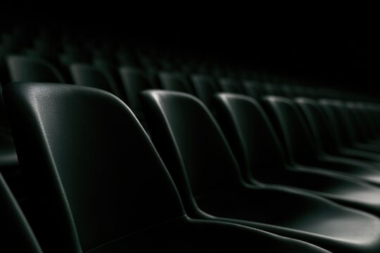 Rows of glossy black seats fade into darkness, evoking mystery and quiet expectation.