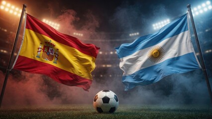 Obraz na płótnie Canvas Flags of Spain and Argentina wave dramatically, symbolizing fierce rivalry in soccer