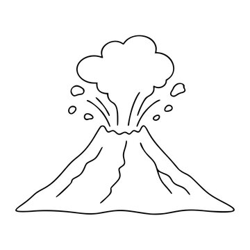Hand-drawn vector icon illustration of an erupting volcano mountain with a large smoke cloud and lava bursts. Simple outline sketch style, natural disaster symbol, geological activity, nature