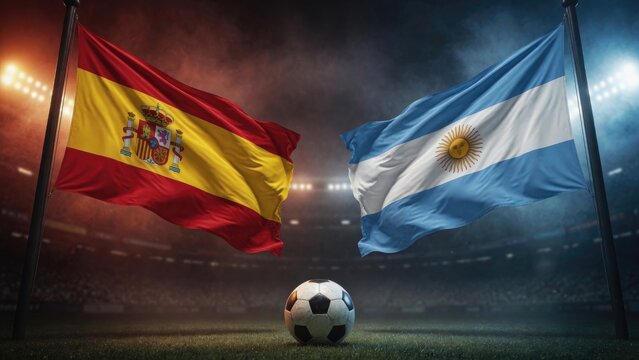 Flags of Spain and Argentina clash in soccer showdown, symbolizing rivalry