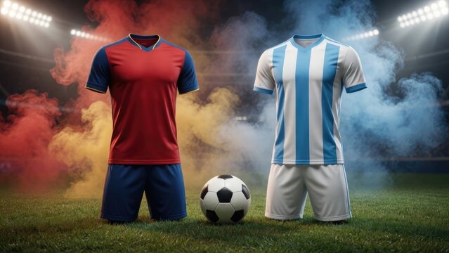 Headless jerseys in vibrant colors symbolize intense rivalry, dramatic atmosphere, anticipation
