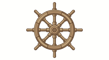 Ship wheel carved from solid wood stands isolated against a plain white background for nautical design. © NGLARANGAN