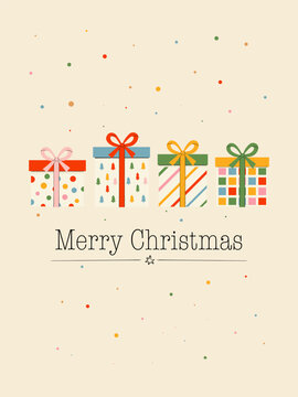 Merry Christmas Greeting Card with Colorful Gift Boxes and Retro Holiday Design