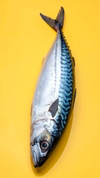 Whole Fresh Atlantic Mackerel Fish on Vibrant Yellow Background