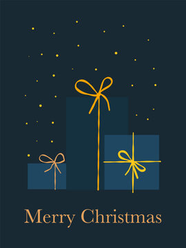 Minimalist Merry Christmas Card with Gift Boxes on Dark Blue Background