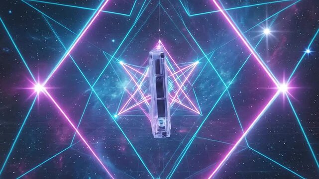 Abstract futuristic technology object floating in cosmic space, surrounded by vibrant neon blue and pink geometric lines, cyber tunnel portal